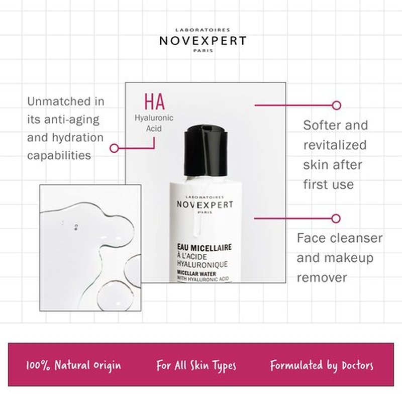 Novexpert Micellar Water Makeup Remover - Anti Aging Facial Cleanser for Women with Hyaluronic Acid - No Rinse Make Up Remover Liquid for All Skin Types - Hypoallergenic and Vegan - 6.7 oz