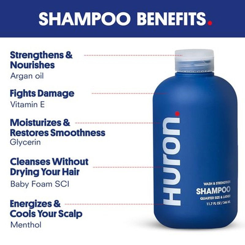Huron Men's Shampoo | Cleansing & Hydrating Formula | Citrus, Fresh Juniper & Aromatic Greens Scent | Strengthens Hair | Sulfate-Free, Paraben-Free | Argan Oil, Aloe, Peppermint | 11.7 Fl Oz