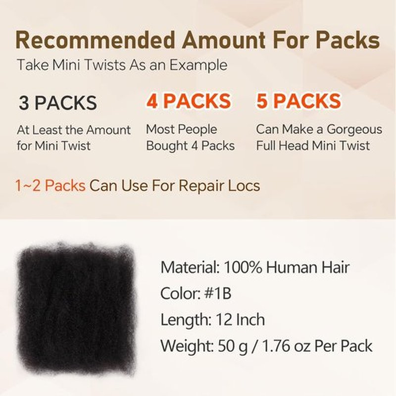 Mocwavy Afro Kinkys Bulk Human Hair for Dreadlocks Extensions Repair Locs, Twist Braiding Afro Kinky Human Hair for Locs 1 Pack 50 Gram Natural Black Color 16 inches