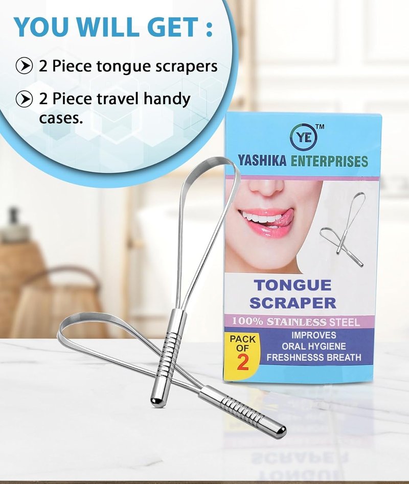 YASHIKA ENT Stainless Steel Tongue Scraper - 2 Pack Multicolor Travel Cases for Fresh Breath