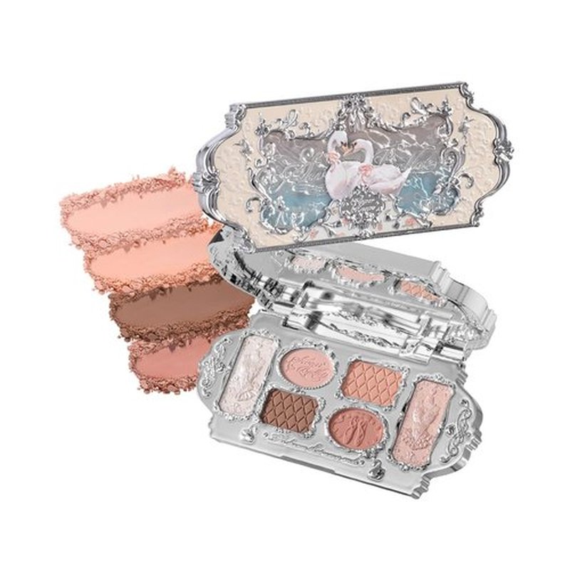 Flower Knows Swan Ballet Six-Color Makeup Palette,Neutral Pink Face Makeup Palette with 4 Matte + 2 Shimmer Shades,Blendable Smooth Cute Make Up,0.23 Oz(01 White Swan)