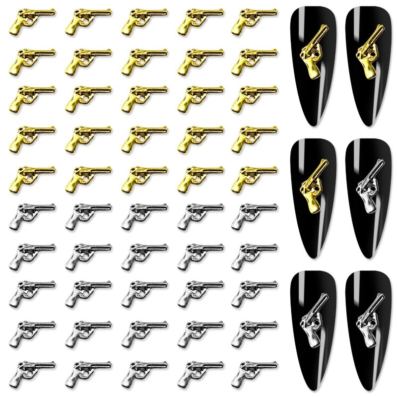 YECIRALA 100pcs 3D Gold & Silver Guns Nail Charms Kit