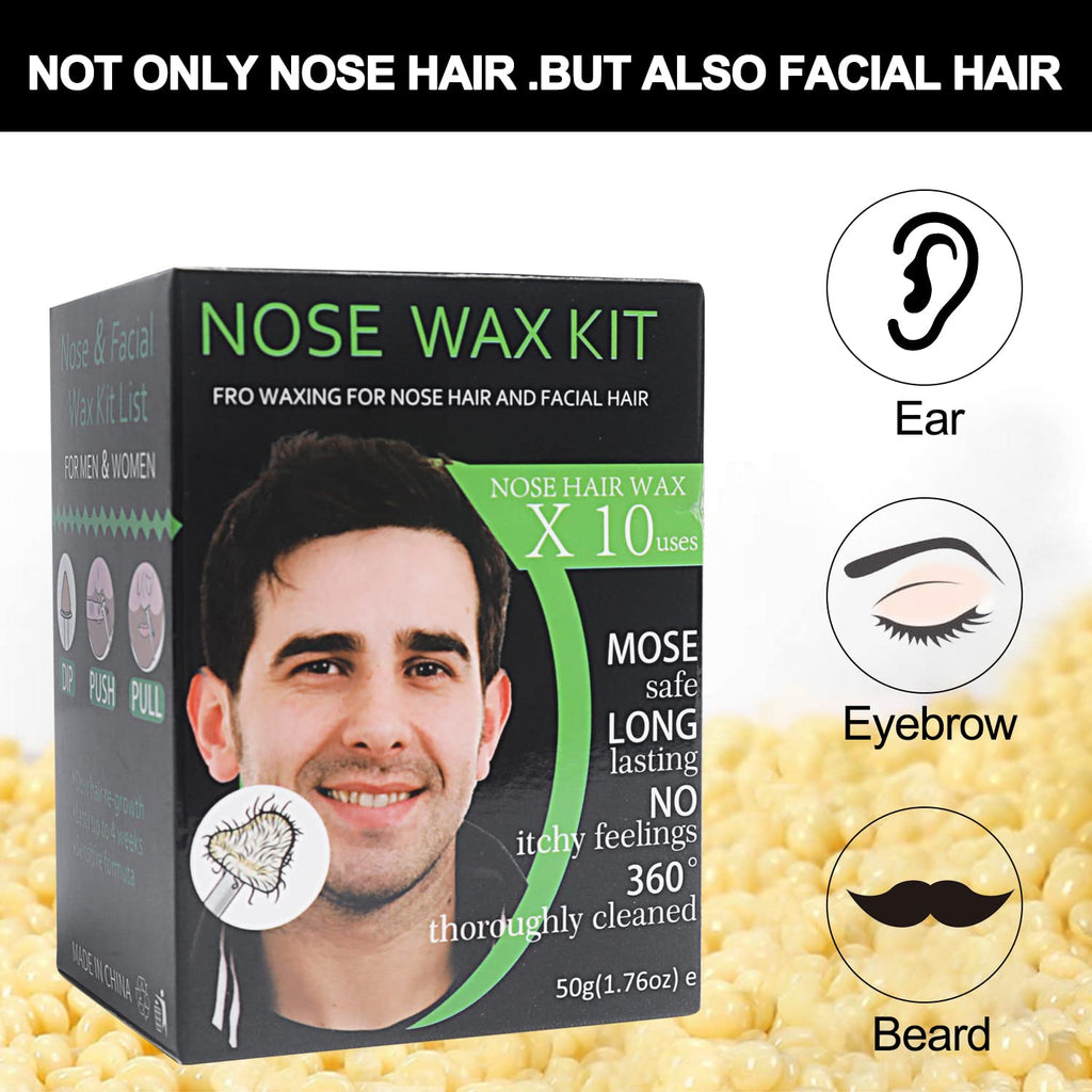 Nose and Ear Hair Waxing Kit - Hair Removal Set for Men and Women with 50g Wax Beads, 20 Applicators (10 times), 10 Paper Cups, and 10 Mustache Guards
