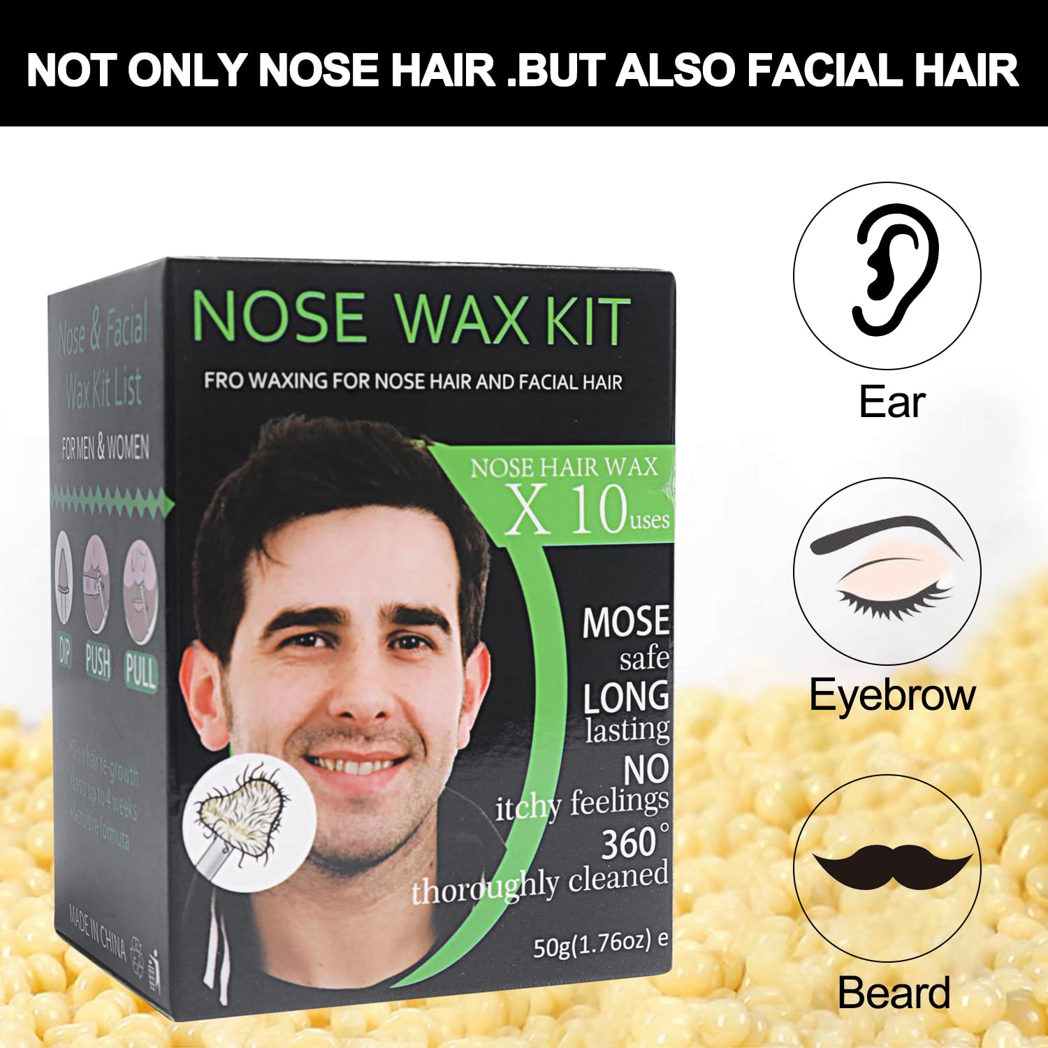 Nose and Ear Hair Waxing Kit - Hair Removal Set for Men and Women with 50g Wax Beads, 20 Applicators (10 times), 10 Paper Cups, and 10 Mustache Guards