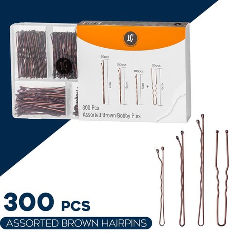 300 Pack Brown Bobby Pins Set by Luxurecourt, 3 Assorted Sizes of Large and Small Premium Bobby Pins + Regular Size U Shaped Hair Pins for Buns, Updo Style - Nonslip with Rounded Ends.
