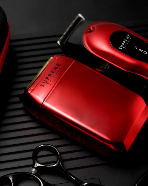 Supreme Trimmer 3-in-1 Barber Bundle | Pro Clipper, DLC T-Shaper Trimmer & Crunch Foil Shaver | Professional Beard Trimmer Men’s Hair Clipper Kit | Red