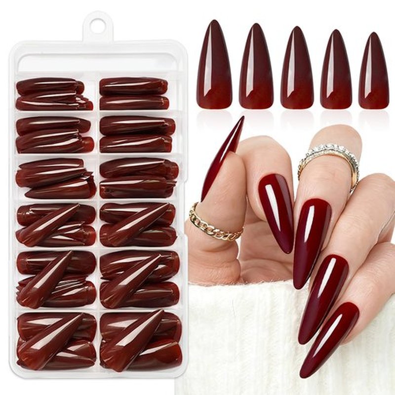 144pc Burgundy Press on Nails Long Stiletto Fake Nails with Glue Tabs, Wine Red Nails Press ons Nails Stiletto Glue on Nail Pointy Acrylic Nails Stick False Artificial Fingernail for Women Girls