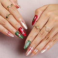 Christmas Press on Nails - Medium Almond Red French Tip Fake Nails with Snowflakes Christmas Tree Design Glitter Glue on Nail Xmas Full Cover Cat Eye False Nails Artificial Acrylic Nails 12 Size 24Pcs