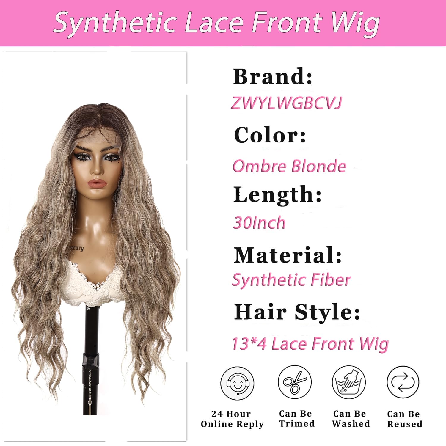 ZWYLWGBCVJ 13×4 Synthetic Lace Front Wig for Women Long Curly Wavy Heat Resistant Fiber Wigs Natrural Hairline and Baby Hair for Daily Party Use (30inch)