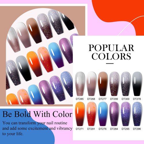 MEET ACROSS 12Pcs Color Changing Gel Nail Polish Set Brown Gel Polish Kit Fall Winter Glitter Temperature Mood Changed Nail Polish Gel DIY Salon Gift for Women