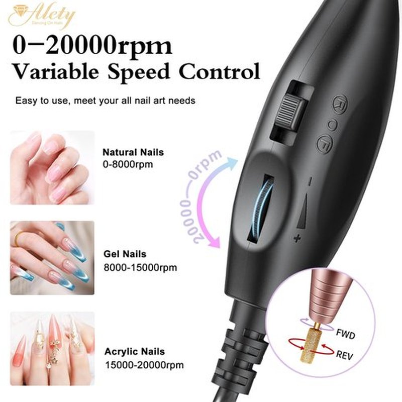 Alety Electric Nail Drill Kit - Portable File for Acrylic Gel Nails, Professional Machine Efile Manicure Pedicure Tools With Gold Drill Bits for Home Salon Use