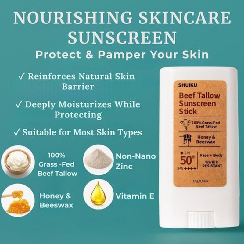 Beef Tallow Sunscreen Organic Stick SPF 50 – Tallow-Based Mineral Sunscreen with Honey & Beeswax for Face & Body, Water-Resistant Natural Sunblock, 0.53 oz