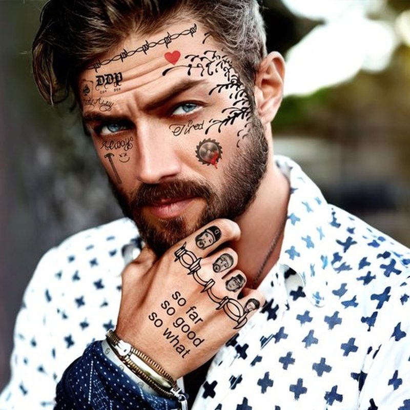 4 Sheets Cosplay Rapper-Inspired Temporary Tattoos – Face Tattoo Stickers for Men, Women and Kids – Hip-Hop Style Fake Tattoos for Cosplay, Halloween, and Parties