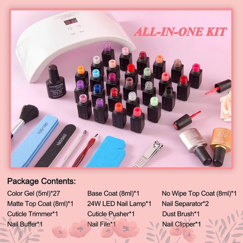 Lavender Violets 27+3 Colors Gel Nail Polish Kit with UV Light 24W Nail Dryer Pink Brown White Gel Nail Polish Set, Soak Off Base and Top Coat, Nail Tool, French Nail Art Starter Kit Gift R974