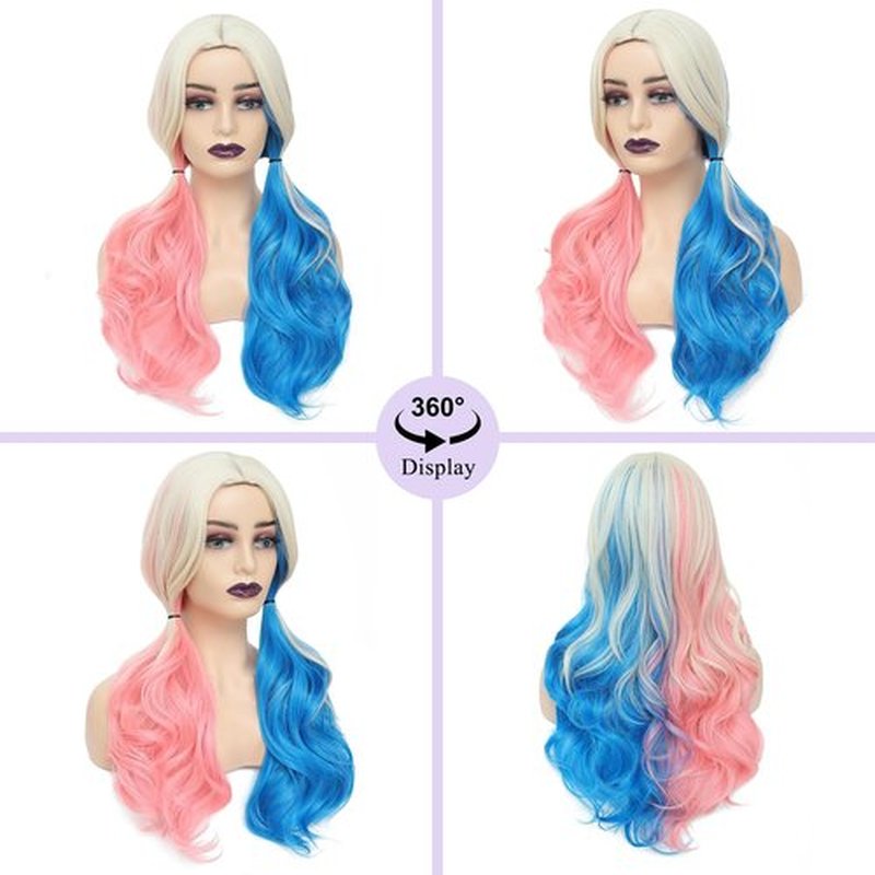 AISI QUEENS Pink and Blue Cosplay Wig - Harley Quinn Wig for Women Halloween Clown Girl Long Curly Synthetic Fiber for Women,Wavy Suicide Squad Style for Party