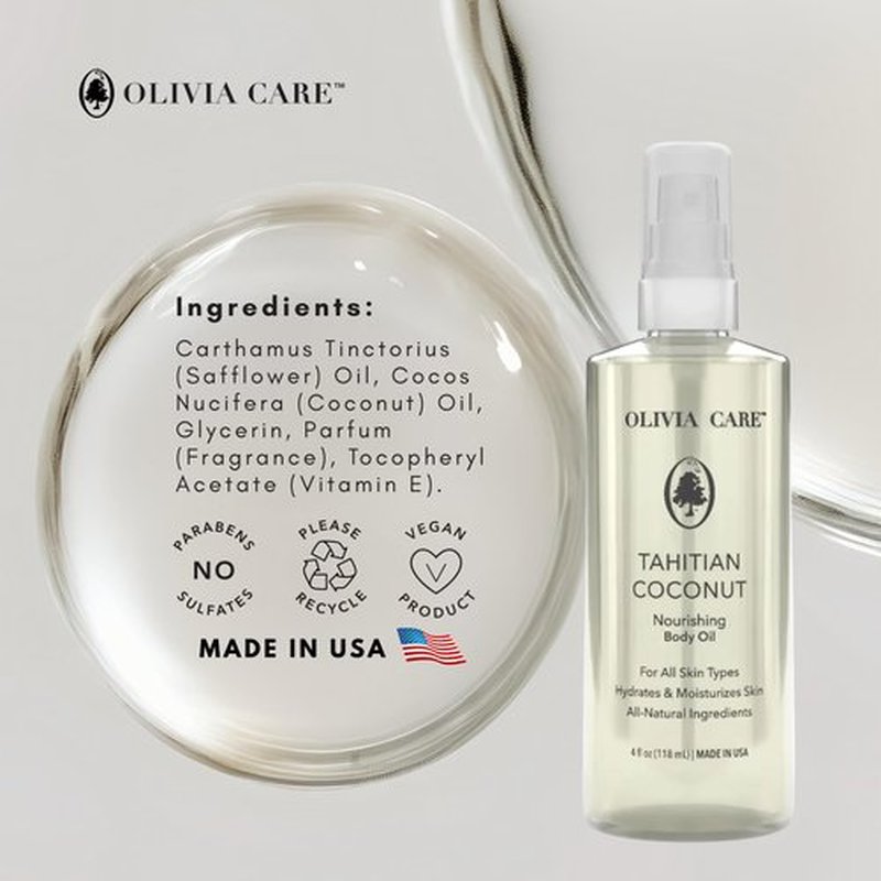 Olivia Care Tahitian Coconut Nourishing Body Oil, 4 fl oz, For All Skin Types