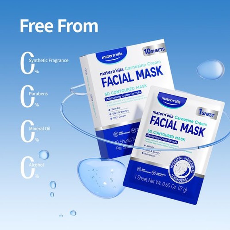 matern'ella Carnosine Cream Facial Mask with Pro-Xylane & Peptides, Anti-Aging, Plant Extract Based, 3D Contoured Face Mask for Wrinkles, Elasticity & Deep Hydration, Paraben & Fragrance Free, 4 pcs