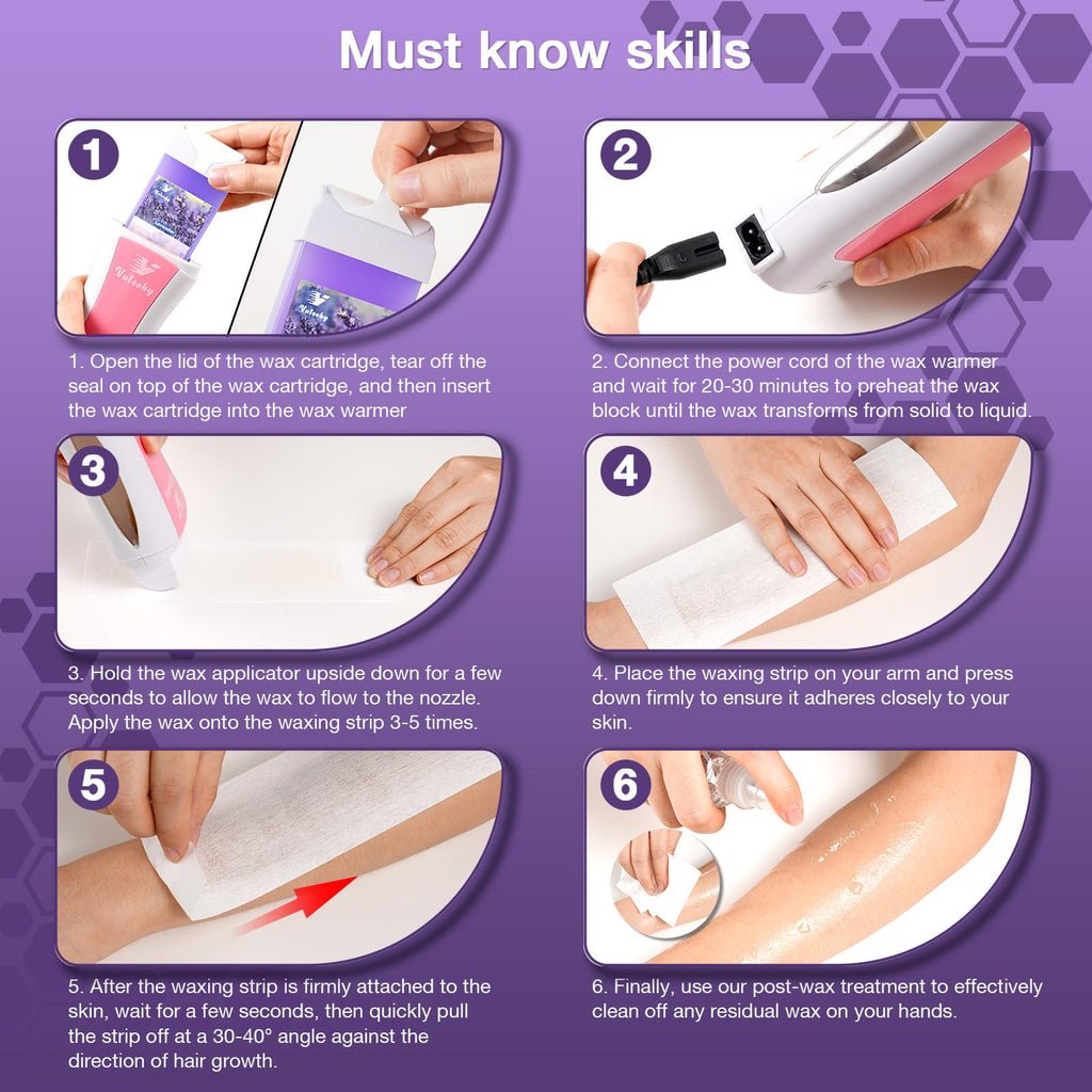 Roll on Wax Kit, Waxing Roller Kit for hair removal, with 2 Wax Cartridges & 50 Pcs Waxing Strips & 1 Post Oil-4