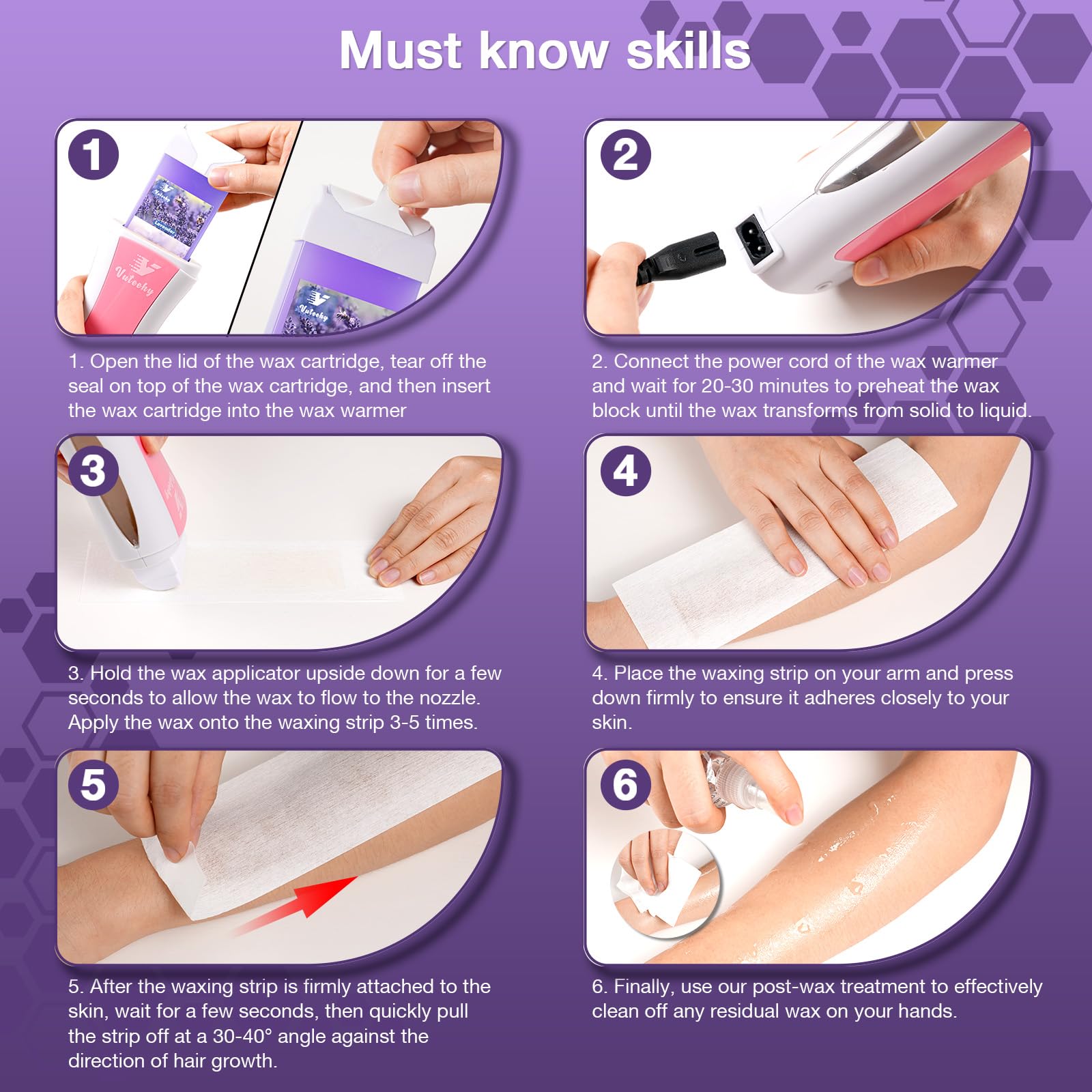 Roll on Wax Kit, Waxing Roller Kit for hair removal, with 2 Wax Cartridges & 50 Pcs Waxing Strips & 1 Post Oil-4