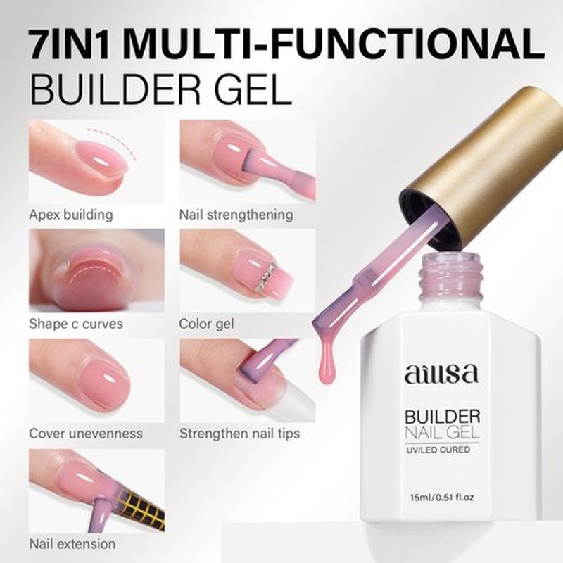 AILLSA Pink Builder Gel 7 In 1 Nude Hard Gel Polish for Nail Thickening Light Neutral Strengthener Gels Nail Polish Natural Color Sheer Extension U V for French Manicure Base Coat Needed 0.51 Oz