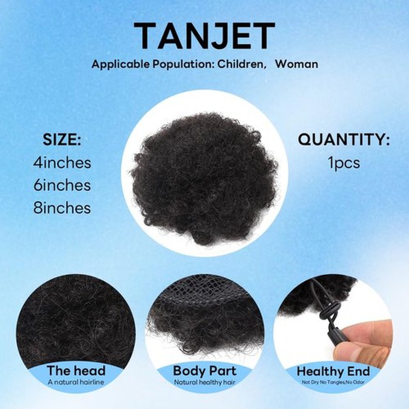 Afro Puff Human Hair Drawstring Ponytail for Black Women,Kids ,Girls,4 Inch Curly with 3 Clibs 1# Natural Black 100% Remy Human Hair Extensions Breathable Smooth Easy to Wear Hairpieces(1B# 4inch)
