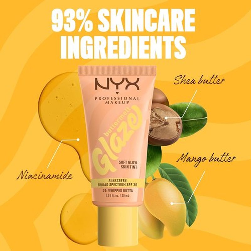 NYX Professional Makeup Buttermelt Glaze Skin Tint - Soft Glow with SPF 30, 12HR Wear, 01 Whipped Butta