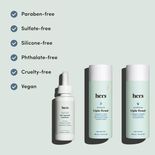 Hers Triple Threat Hair Regrowth Set - Shampoo, Conditioner & 2% Minoxidil - Biotin & Pumpkin Seed Oil - Napa Rose Scent - 3 Count