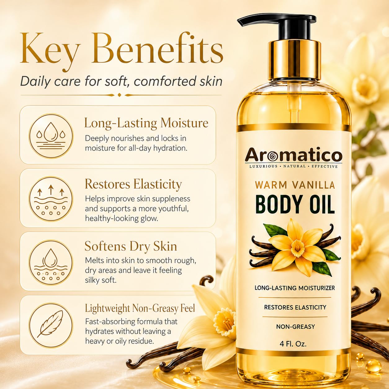 Aromatico Warm Vanilla Mini Body Oil for Women | Moisturizing After Shower Body Oil for Daily Use | Cozy, Creamy Vanilla Scent - 4 fl oz