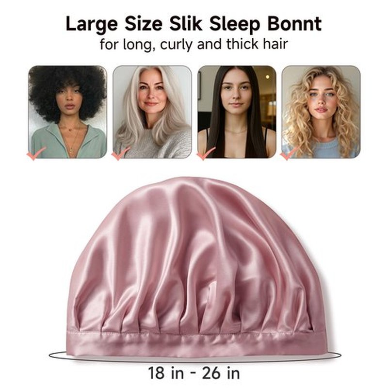 Kaome 100% Mulberry Silk Bonnet for Sleeping Women, 22 Momme Double Layer Silk Hair Wrap, Non-Slip Sleep Cap with Adjustable Elastic Band for Long Curly Hair Care, Comfortable and Breathable, Pink