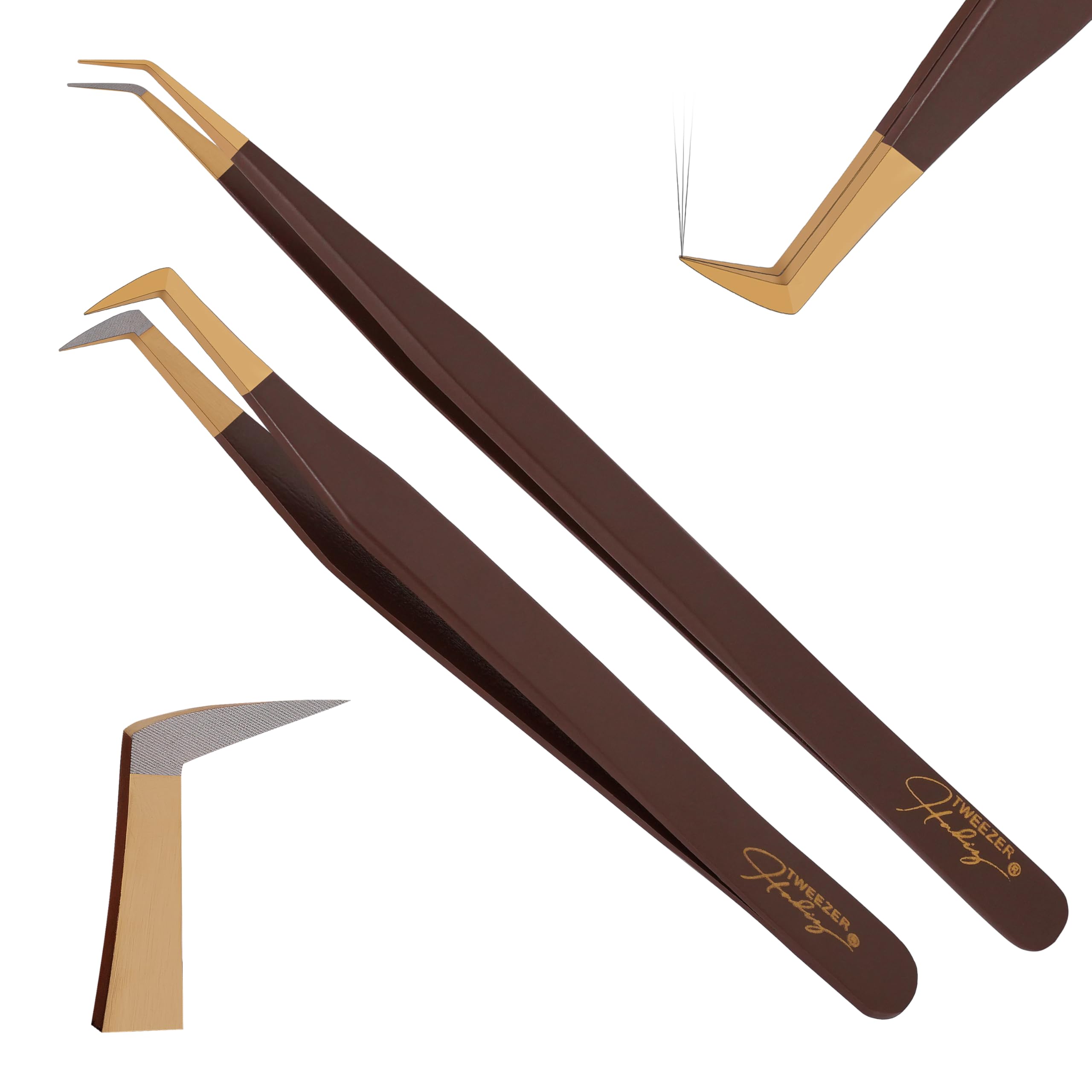 Fiber Tip Eyelash Extension Tweezers (Brown & Gold)