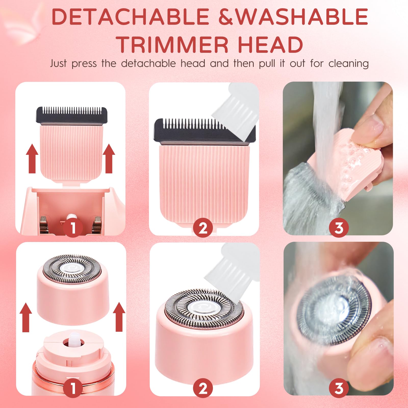 2-in-1 Electric Bikini Trimmer for Women, Dual Head Women’s Shaver & Razor, IPX7 Waterproof Cordless Hair Removal, Rechargeable Ceramic Blade Kit for Face Pubic Legs Underarm, Pink
