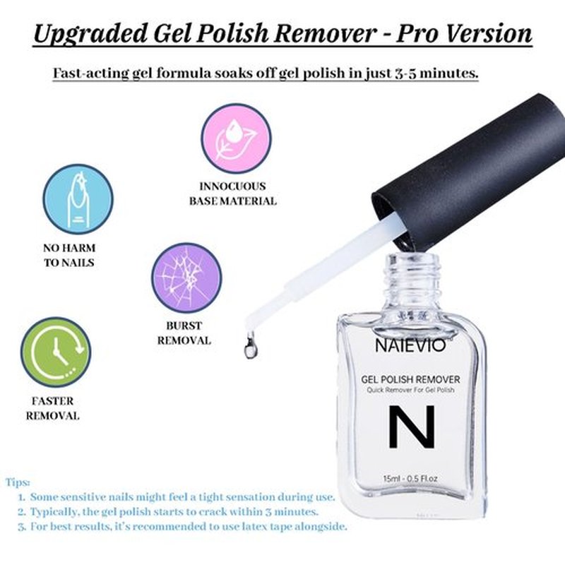 NAIEVIO Gel Polish Remover Kit - Remove Gel Polish in 3-5 Min! No Soak & Foil-Free Gel Nail Polish Remover with Cuticle Pusher & File for Salon Results at Home (0.5 fl oz)