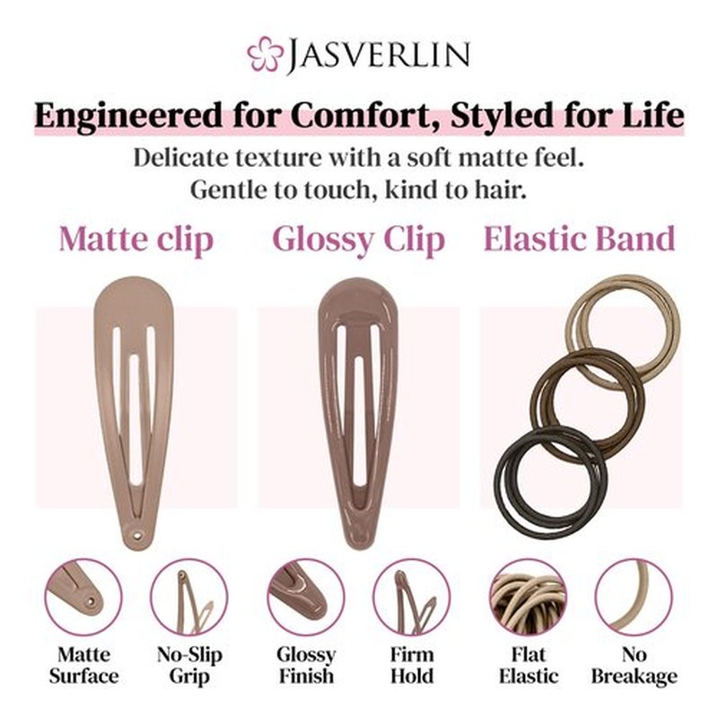 JASVERLIN 140pcs Snap Hair Barrettes for Women Thin Hair Set, 80pcs Metal Snap Hair Clips Non Slip, 60pcs Elastics Hair Band with clips, Girls Bangs Styling Accessories Set (Brown Tones)