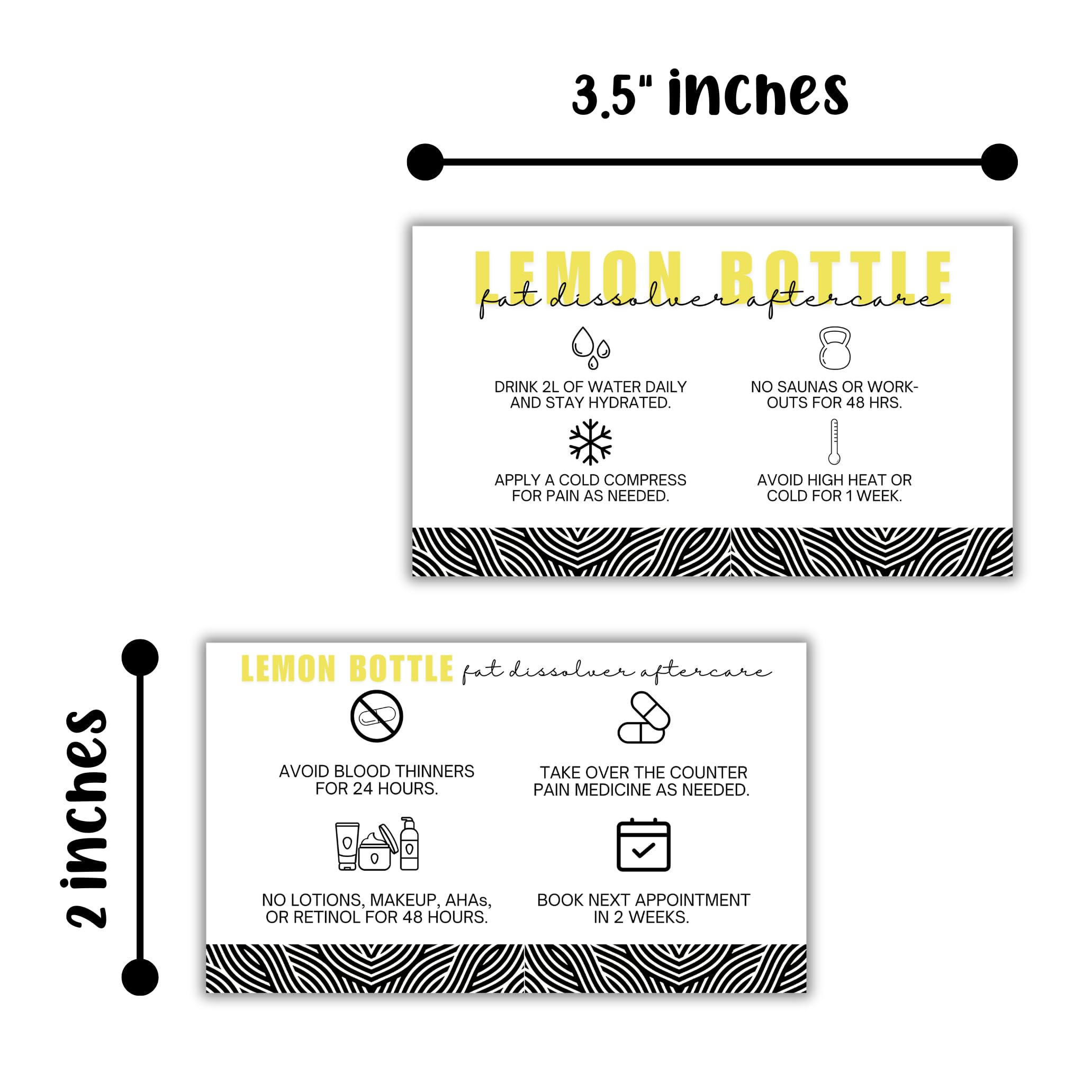 Lemon Bottle Fat Dissolver Aftercare Instruction Cards | 50 pk 2x3.5” Liquid Lipo Facial Consent Injection Card Clients Wallet Post Pre Treatment
