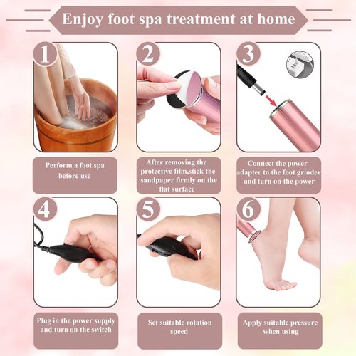 LiQiAMEi Electric Callus Remover for Feet, USB Power Supply Powerful Electric Foot File Sander Scrubber with Speed Controller & 60Pcs Replacement Sandpaper Disk for Dead Skin, Cuticles Pink