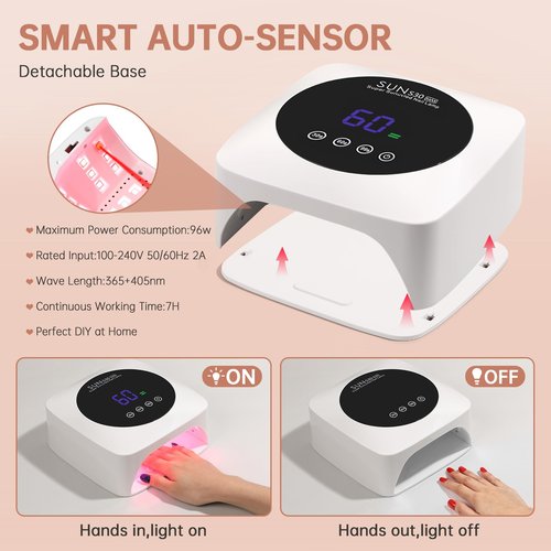 CHRISTINE SHELLY UV Nail Lamp 96W Rechargeable LED Gel Curing Lamp, Cordless Nail Dryer Gel Polish Light with Large LCD Display, with 3 Timer Setting Auto Sensor for Salon and Home (White)
