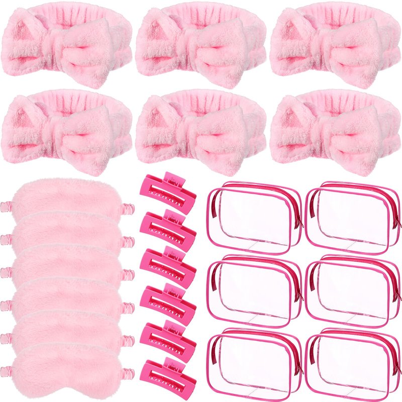 Wavyknot 24pcs Sleepover Party Favors for Women 6 Pink Spa Makeup Headband 6 Plush Sleep Eye Mask 6 Rose Red Hair Claw Clips 6 Clear Cosmetic Bags for Adult Slumber Party Supplies Gifts