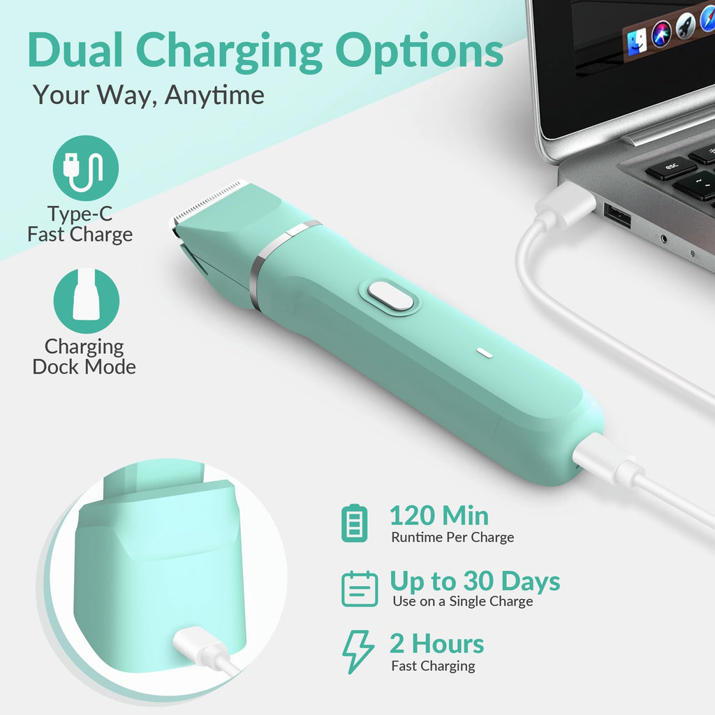 KINGTEE 5-in-1 Electric Bikini Trimmer for Women – IPX7 Waterproof Shaver, Cordless Body & Facial Razors for Women, Ceramic Blades, USB-C Rechargeable, Painless Hair Removal Kit (Pure Green)