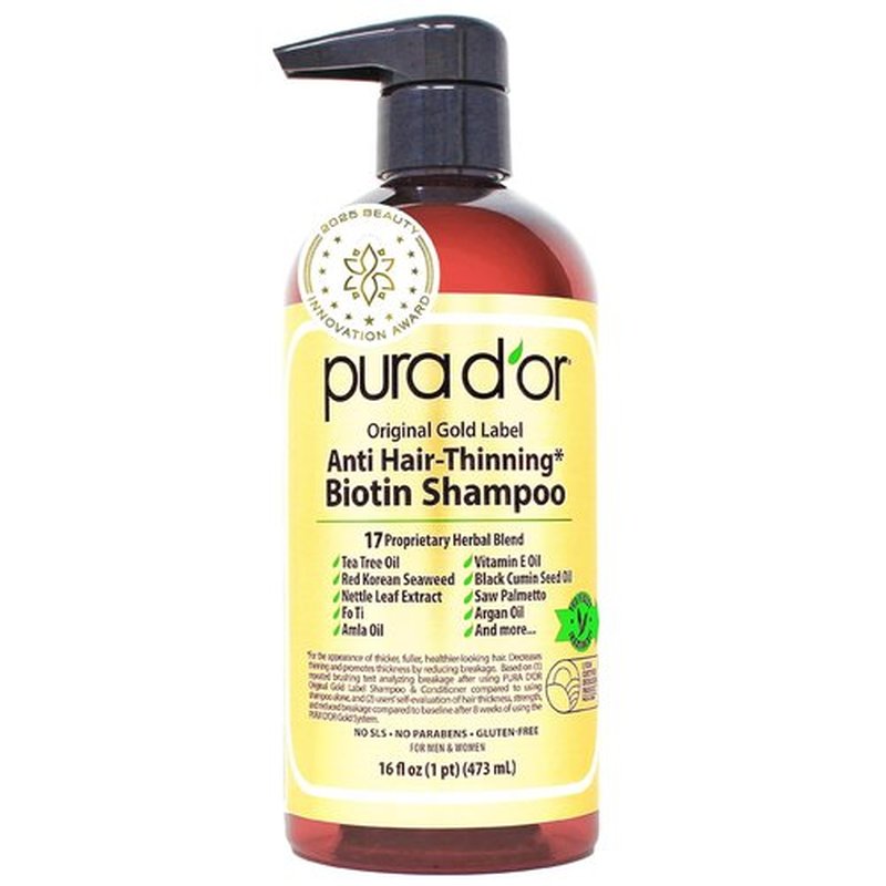 PURA D'OR Anti-Thinning Shampoo - Clinically Tested Botanical Formula with Biotin & Argan Oil - 16 fl oz