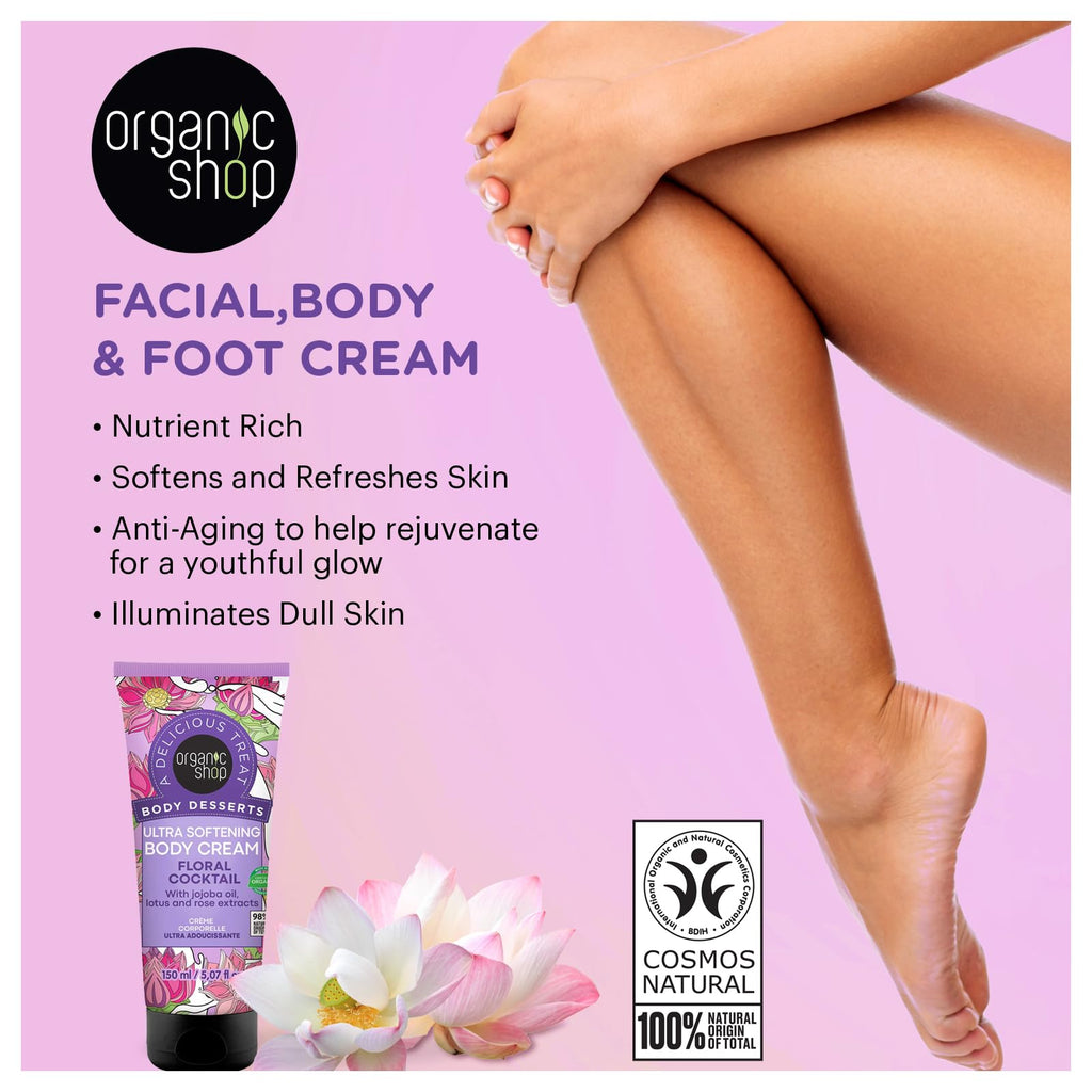 Organic Shop Jojoba Oil, Lotus & Rose Extract, Ultra Softening & Hydrating Body Cream, 100% Vegan & Organic, Daily Moisturizer, Body, Face & Hand Natural Lotion, Intensive Care Hydration. 150ml