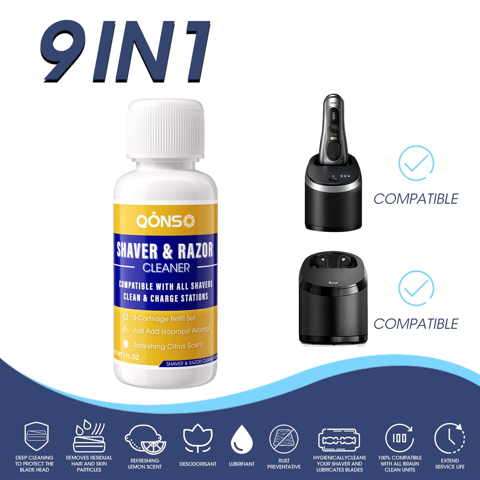 Electric Shaver Cleaning Solution - Electric Razor Cleaner，Compatible With Braun Cleaning Solution & Renew Refill Cartridges - Clipper Blade Cleaner - 3 Bottles, Makes 9 Refills
