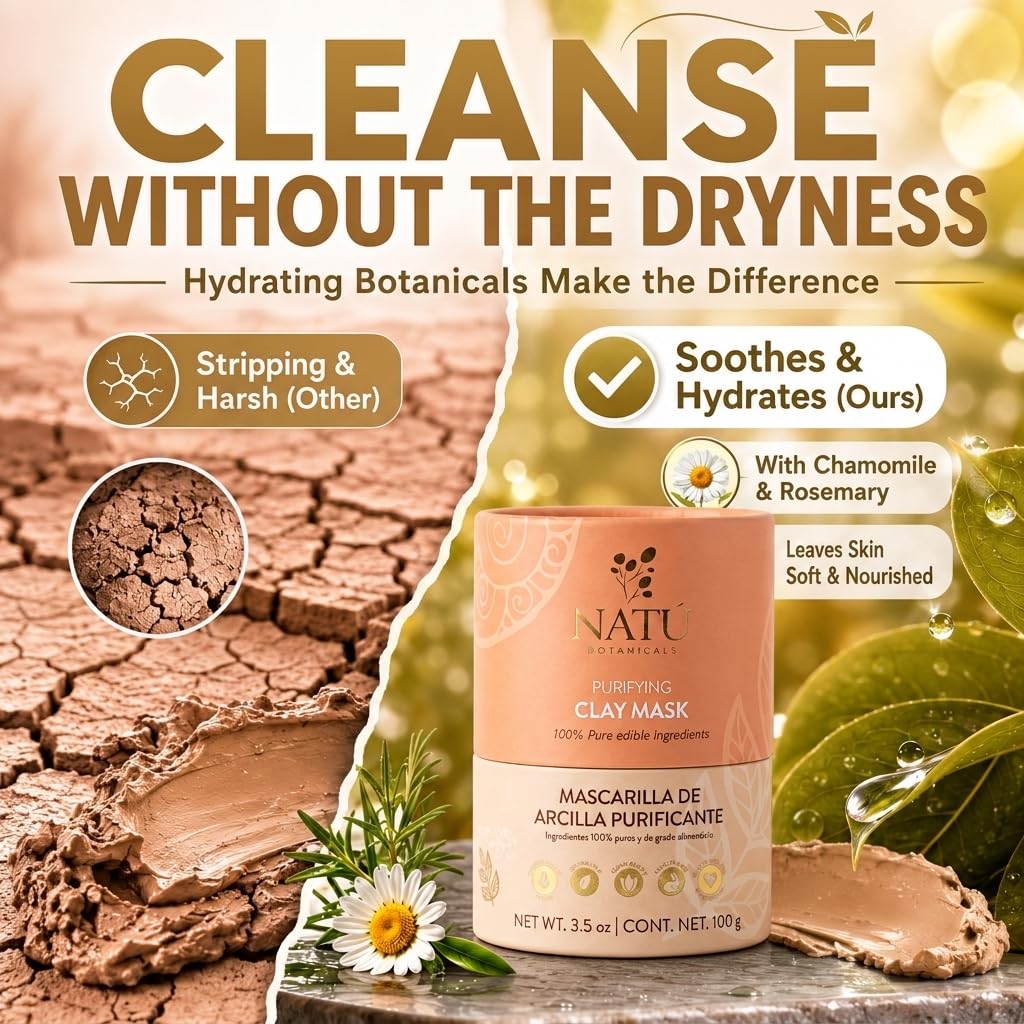 NATÚ BOTANICALS Purifying Bentonite Clay Powder Mask for Face – Deep Pore Cleansing, Oil Control, Helps Tighten, Clarify & Skin Refining Hydrating for Oily, Combination & Sensitive Skin
