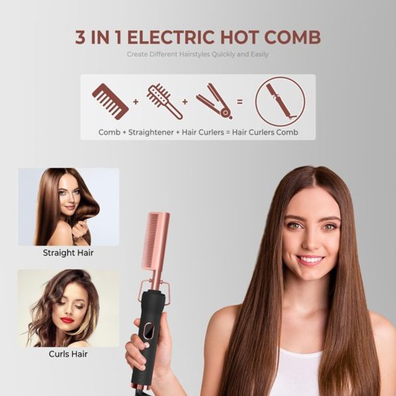 Hot Comb,Travel Curling Iron Double Voltage 110-240V with European Plug Adapter,12 Temp Settings Straightening Comb for Black Hair,Pressing Combs for Straight/Curling