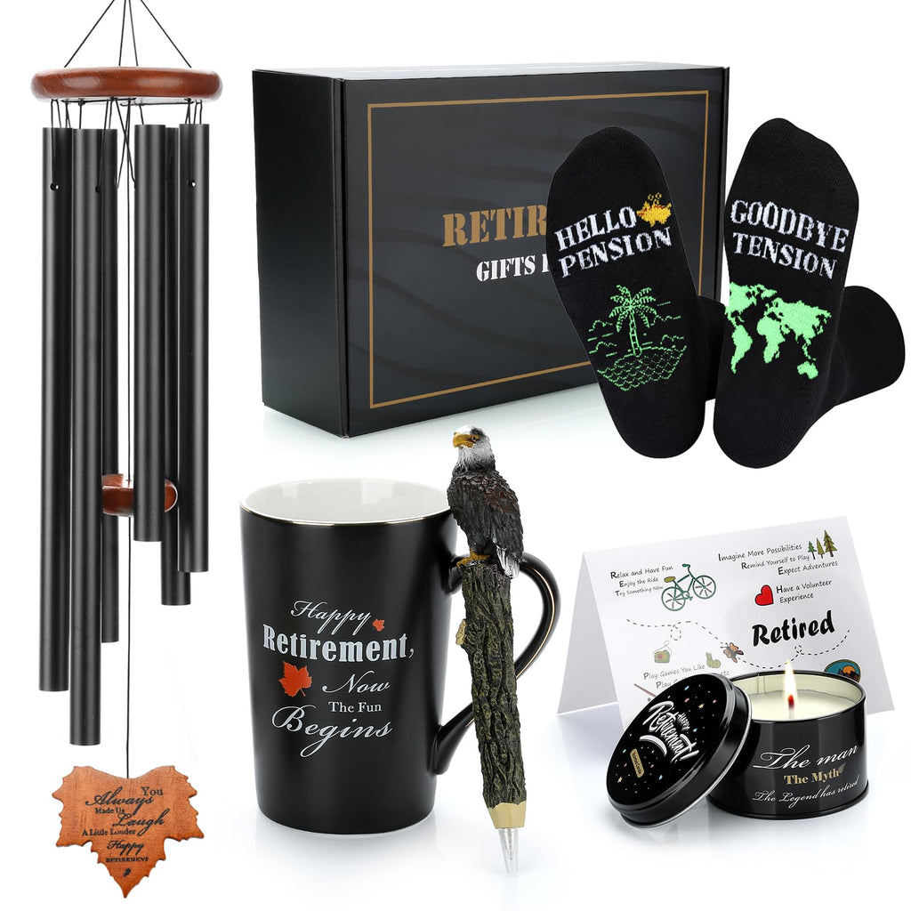 Retirement Gifts for Men 2025, Funny & Cool Happy Retirement Gift for Friends, Coworker, Dad, Grandpa,Retirees,Boss, Best Retired Gifts Basket for Him Include Mugs Wind Chimes,Socks,Candle,Resin Pen