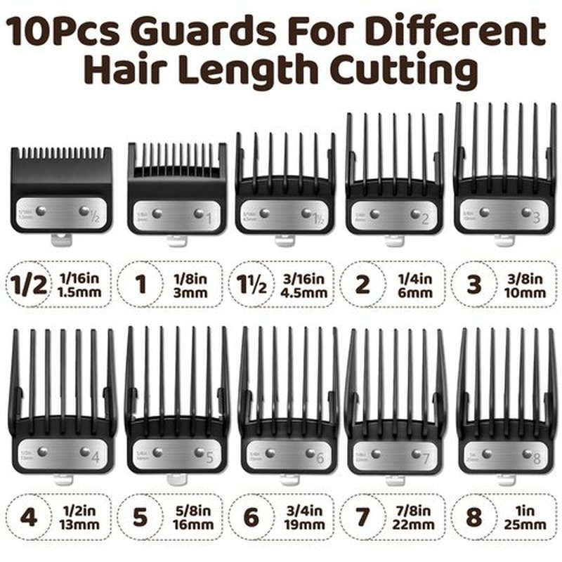 10Pcs Clipper Guards Set for Wahl Clipper Guards Set with Metal Clip，Professional Hair Clipper Guards Cutting Guides Compatible with Most Wahl Clippers from 1/16" to 1"(Black）