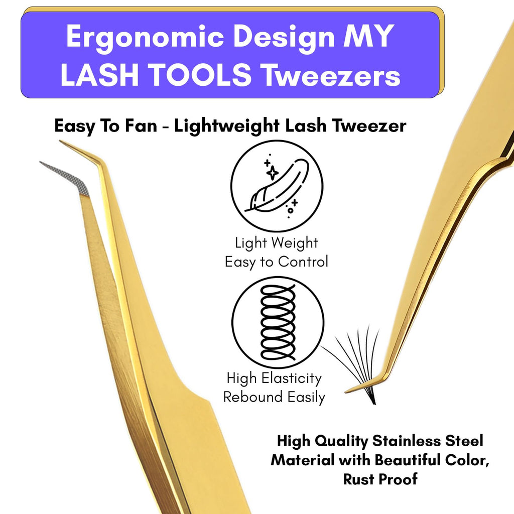 Fiber Tip Lash Tweezer 45 Degree Volume Tweezer – Precision Stainless Steel Eyelash Extension Tool, Professional Lash Applicator for Classic, Volume, Mega Volume Fans, Anti Slip Grip (Gold)