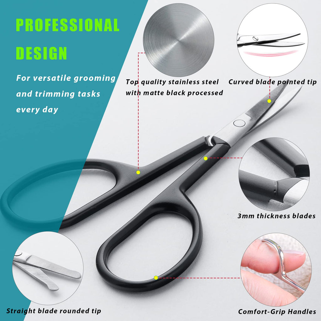Facial Hair Small Grooming Scissors For Men Women - Eyebrow, Nose Hair, Mustache, Beard, Eyelashes, Ear Trimming Kit - Curved and Rounded Safety Tip Clippers For Hair Cutting 2PCS With Cover Black