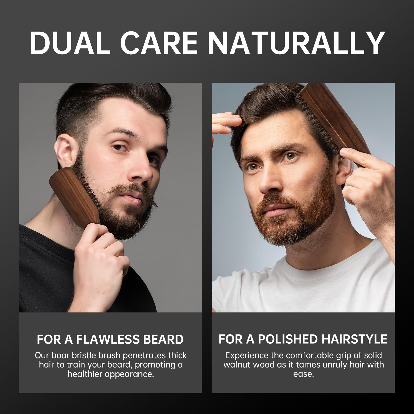 MenGate Boar Bristle Beard Brush for Men - Wooden Mustache Brush and Slick Back Hair Brush with Small Metal Beard Comb, Perfect for Home and Travel Use - Major