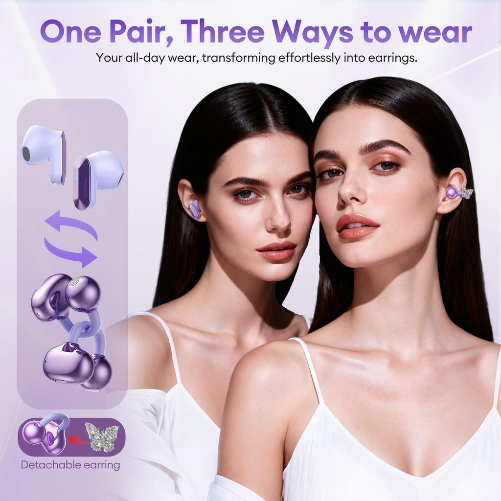 PAXA 3 in 1 Ctbuds Stylish Jewelry-Style Clip on Open Ear Headphones Wireless Earbuds, Instant Earring Mode, Ultra-Long 140H Play, Bluetooth 6.0, All-Day Wear for Work Fitness Daily Use, Purple