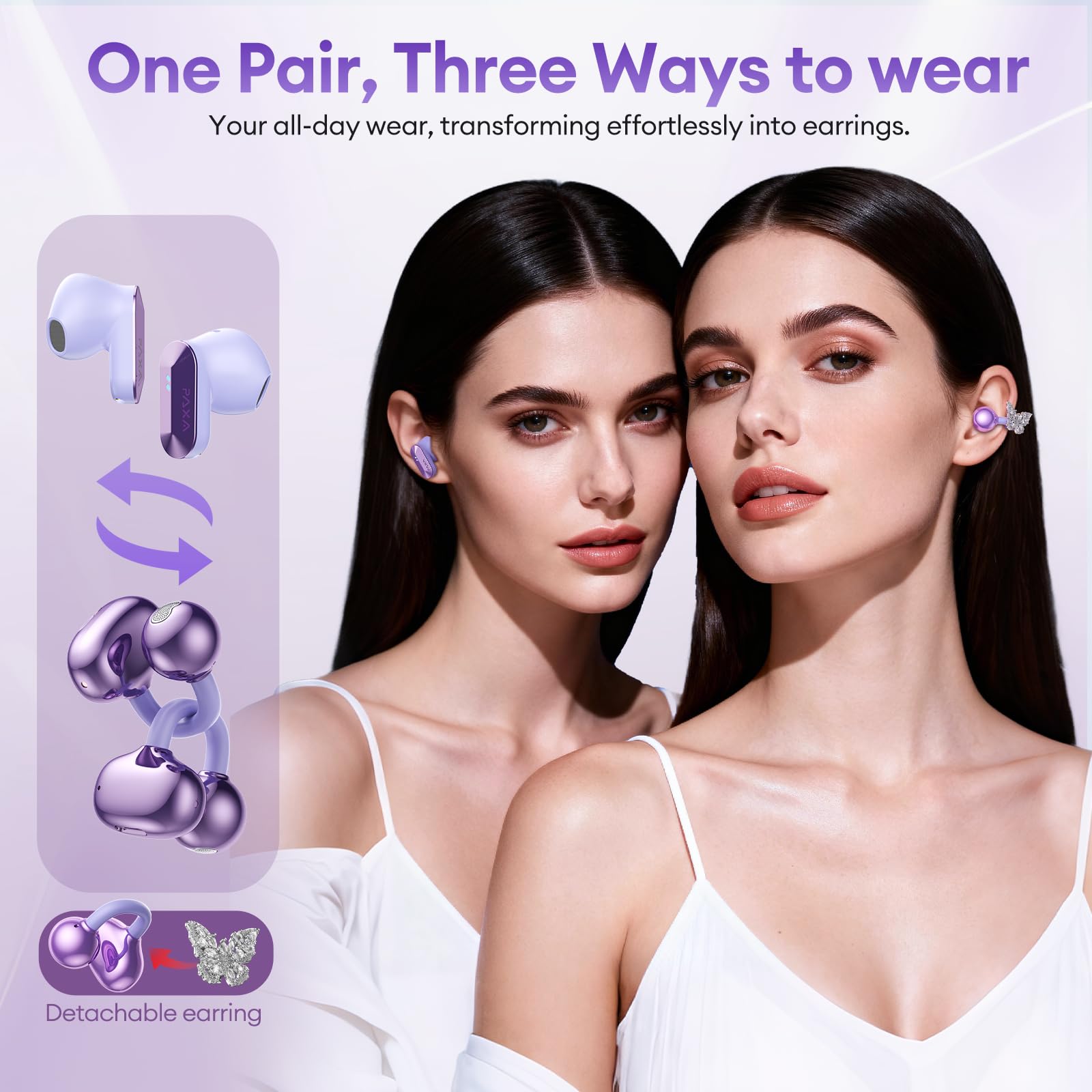 PAXA 3 in 1 Ctbuds Stylish Jewelry-Style Clip on Open Ear Headphones Wireless Earbuds, Instant Earring Mode, Ultra-Long 140H Play, Bluetooth 6.0, All-Day Wear for Work Fitness Daily Use, Purple
